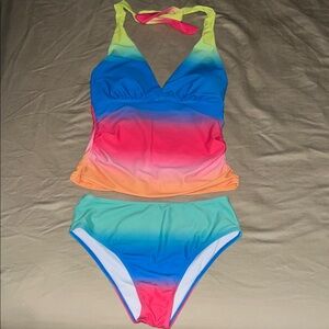 Rainbow Halter Tankini High Rise Bottom Swimsuit
